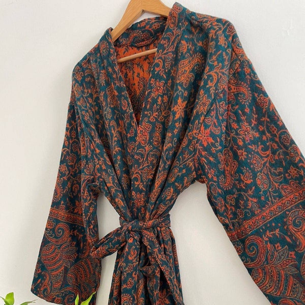 Handgemaakte Yak Wol Unisex Kimono/House Lounge Robe | Regal Green &Roest Oranje Bloemenprint | Elegante warme badjas | Kerstcadeau