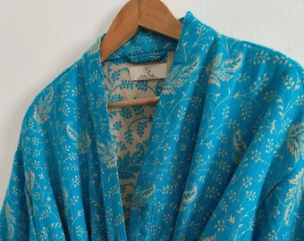 Short Handmade Yak Wool Mix Unisex Kimono | House Robe | Cerulean Blue & Beige Floral Paisley Print | Warm Dressing Robe | Christmas Gift