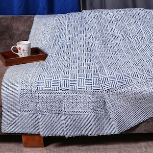 Cotton Kantha Quilt Bed Cover in Blue & White | Kantha Quilt King Size | Handmade Bedding Quilt | Sofa Throw | Cotton Kantha Bedspread