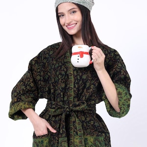 Unisex Handmade Yak Wool Mix Kimono/House Lounge Robe | Forest Green & Emerald Green Floral Paisley Print | Warm Winter Robe| Christmas Gift