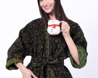 Unisex Handgefertigter Yak Wolle Mix Kimono/Haus Lounge Robe | Schwarz & Waldgrün Floral Paisley Print | Warmer Wintermantel | Weihnachtsgeschenk