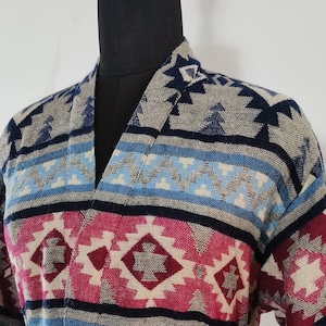 Unisex hecho a mano Yak Wool Mix Kimono/House Lounge Robe / Estampado clásico azteca Ikat en gris y azul / Bata de vestir cálida / Bata de invierno/Regalo