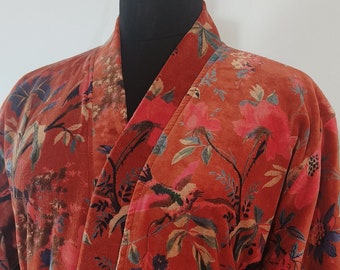 Unisex Regal Reversible Velvet Kimono Jacket in Orange & Blue Floral | Velvet Housecoat Winter Robe Velvet Cardigan Cotton Lined Kimono