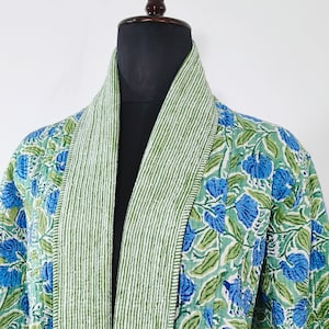 Women Pure Cotton Reversible Twin Flap Collar Japanese Quilted Jacket in Blue & Green Floral Print in White | Outdoor Jacket | Handmade