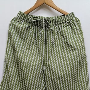 Smart Pure Cotton Trousers in Creamy Green Striped Pattern | Boho Style Lightweight Trousers for Women | Handmade Bottoms