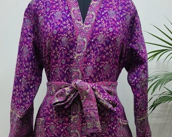 Unisex Handmade Yak Wool Mix Kimono House Lounge Robe | Purple & Pink Ditsy Floral Paisley | Warm Dressing Robe | Winter Robe | Christmas