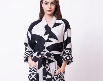 Unisex Handmade Yak Wool Mix Kimono/House Lounge Robe | Classic Black & White Ikat Aztec Geometric Print   Elegant Warm Home Dressing Robe