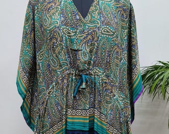 Luxury Silk Blend Kaftan in Blue & Green Paisley Print | Indian Handmade Women's Night Wear Gown | Caftan Robe | Long Kaftan Loungewear Maxi