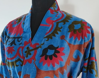 Unisex Regal Reversible Velvet Kimono Jacket in Blue & Red Tribal Print | Velvet Housecoat Winter Robe Velvet Cardigan Cotton Lined Kimono