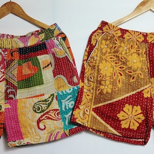 vintage - Short en patchwork 100 % coton fait main au point Kantha (Rouge) | Short de plage | Short de détente | Caleçon unisexe | Lot assorti