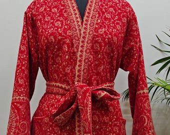 Kimono unisex XXL hecho a mano en mezcla de lana de yak/bata de estar en casa/estampado paisley rojo y beige/bata cálida de diseñador para invierno/regalo de Navidad