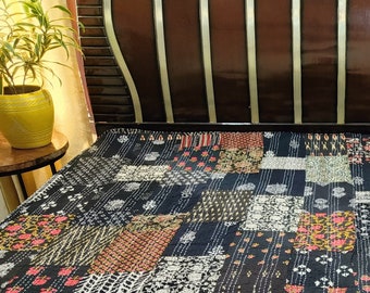 Cotton Patchwork Kantha Quilt Bed Cover in Black | Kantha Quilt King Size | Handmade Bedding Quilt | Sofa Throw | Cotton Kantha Bedspread