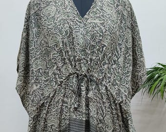 Luxury Silk Blend Kaftan in Grey & Green Paisley Print | Indian Handmade Women's Night Wear Gown | Caftan Robe | Long Kaftan Loungewear Maxi
