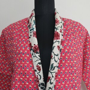 Women Pure Cotton Reversible Quilted Short Jacket in Pink & Blue Ditsy Floral Print | Short Quilted Open Front Jacket | Handmade in India