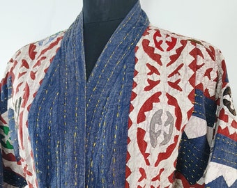 Applique Short Cotton kimono/Jacket/Robe in Multi Coloured Patches in Denim Blue | Outwear Jacket | Boho Fashion | Women Fashion | Handmade