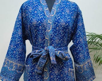 Kimono unisex XXL hecho a mano de mezcla de lana de yak / Azul cobalto y beige con estampado floral paisley / Bata cálida / Bata de invierno / Navidad