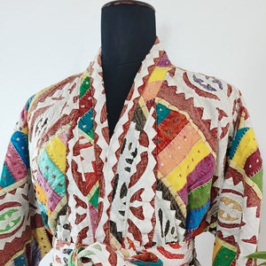 Applique Short Cotton kimono/Jacket/Robe in Multi Coloured Patches in White Outwear Jacket | Boho Fashion | Women Fashion | Handmade