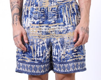 Men's Silk Blend Boxer Shorts |  Blue & Beige | Man Lounge Boxer Shorts | Boho Shorts | House Beach Artist Shorts