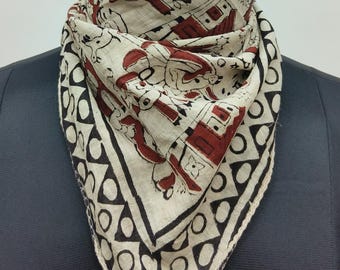 Pañuelo de algodón estampado a mano / Bufanda con estampado de arte folclórico tradicional / Pañuelo étnico para la cabeza o el cuello en tonos granate y beige