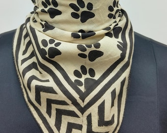 Hand Block Printed Cotton Bandana | Pugmarks Print Scarf | Black & Beige Ethnic Headwrap or Neck Scarf
