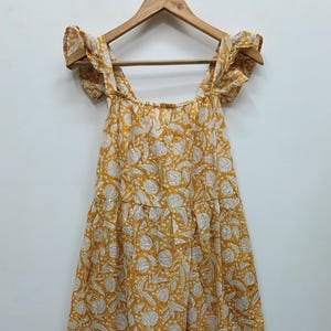 Boho Chic Mustard Yellow White Floral Print Midi Sleeveless Dress| Blockprint Summer Dress | Cotton dress | Handmade Cotton Summer Dress