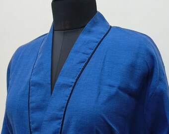 Unisex Breathable Linen Robe Kimono in Blue with Black Lining on Collar | Spa Robe | Pure Linen Robe| Handmade Linen Robe | Gift For Him/Her