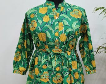 Midi Cotton Dress Block Print | Boho Summer Dress with Pockets | Indian Handmade Floral Dress in Green & Yellow | Relaxed Fit Casual Daywear