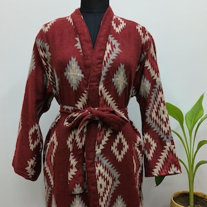 Kimono unisex fatto a mano in misto lana di yak/vestaglia da casa/stampa geometrica azteca ikat marrone scuro e grigio/vestaglia calda/regalo di Natale