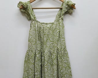 Boho Chic Green White Floral Print Midi Sleeveless Dress| Blockprint Summer Dress | Cotton dress | Handmade Cotton Summer Dress | Cute Dress