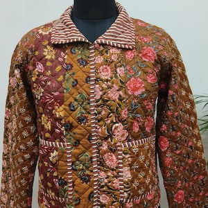 Handmade Reversible Blockprinted Patchwork Cotton Quilted Jacket | Earthy Brown & Pink Floral Classic Collar