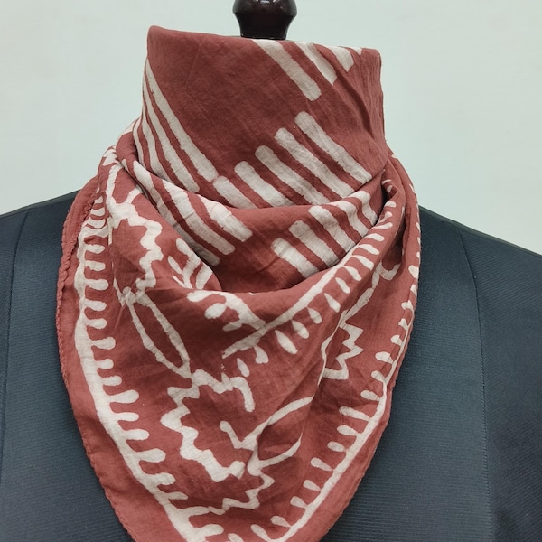 Hand Block Printed Cotton Bandana |  Classic Checkerboard Print Scarf | Muted Brown & Beige Ethnic Headwrap or Neck Scarf