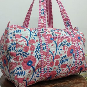 Handmade Blockprinted Quilted Cotton Duffle Bag in White & Bright