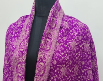 Unisex Yak Wool Blend Shawl in Bright Pink & Beige Floral Print | Reversible Scarf | Wool Wrap |  Christmas Shawl Gift | Handmade Shawl