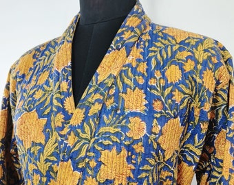 Quilted Luxury Blue & Yellow Floral Handblocked Cotton Long Reversible Kimono Jacket | Unisex Robe | Handmade Winter Kimono Robe Jacket