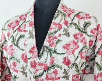 Quilted Luxury Pink Floral Print in White Cotton Long Reversible Kimono Jacket | Unisex Robe | Handmade Winter Kimono Robe Jacket
