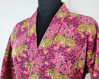 Quilted Luxury Leopard Safari Print in Pink Cotton Long Reversible Kimono Jacket | Unisex Robe | Handmade Winter Kimono Robe Jacket