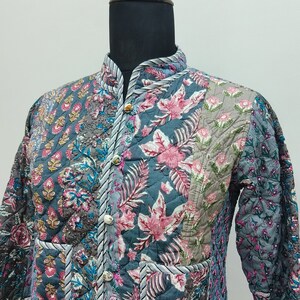 Blockprinted Reversible Patchwork Cotton Quilted Jacket | Mandarin Collar in Grey & Blue Floral Print | High Neck Handmade Outdoor Jacket