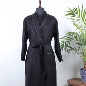 XL Classic Men's Merino Wool Lapelled Kimono House Lounge Robe with Silk Lining | Luxury Black | Warm Dressing Winter Robe | Christmas Gift