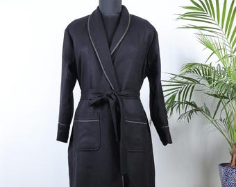 XL Classic Men's Merino Wool Lapelled Kimono House Lounge Robe with Silk Lining | Luxury Black | Warm Dressing Winter Robe | Christmas Gift