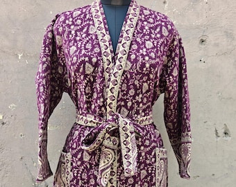 Kimono unisex hecho a mano en mezcla de lana de yak, para estar en casa, con estampado floral burdeos y beige, cálido, de diseñador, para invierno, regalo de Navidad.