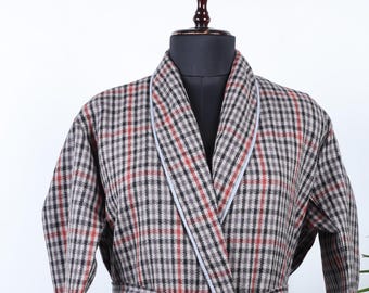 XL Classic Men's Merino Wool Lapelled Kimono House Lounge Robe with Silk Lining | Checks Grey | Warm Dressing Winter Robe | Christmas Gift