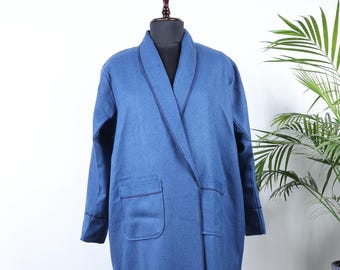 XL Classic Men's Merino Wool Lapelled Kimono House Lounge Robe with Silk Lining | Luxury Blue | Warm Dressing Winter Robe | Christmas Gift