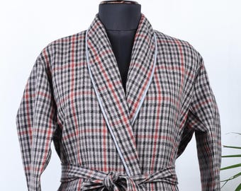 Classic Men's Merino Wool Lapelled Kimono House Lounge Robe with Silk Lining | Grey Checks | Warm Dressing Winter Robe | Christmas Gift