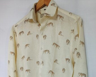 Camicia classica da uomo in puro lino con stampa Safari / Camicia a maniche lunghe con bottoni / Camicia classica in lino / Camicia estiva / Abbigliamento in lino per uomo