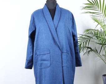 Classic Men's Merino Wool Lapelled Kimono House Lounge Robe with Silk Lining | Luxury Blue | Warm Dressing Winter Robe | Christmas Gift