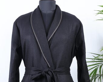 Classic Men's Merino Wool Lapelled Kimono House Lounge Robe with Silk Lining | Black | Warm Dressing Winter Robe | Christmas Gift