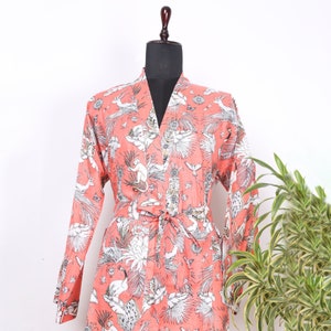 Unisex Pure Cotton Handprinted House Robe Kimono in Bold Peach Safari Print | Cotton Dressing Robe | Beach Coverup| Comfy Unisex Cotton Robe
