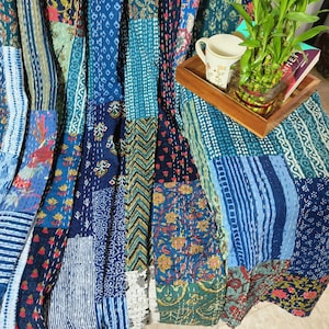 Cotton Patchwork Kantha Quilt Bed Cover in Blue | Kantha Quilt King Size | Handmade Bedding Quilt | Sofa Throw | Cotton Kantha Bedspread