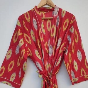 Red Multi Ikat Print Cotton Kimono Dress, Bridal Robe, Getting Ready Robe, Wedding Robe Nightwear Dressing Gown Bridesmaids Gifts unisex