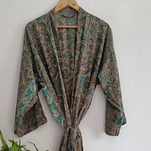 Brown & Green Paisley Silk Blend Exquisite Lounge Kimono, Bridal Robe Getting Ready Robe Nightwear Dressing Gown Bridesmaid Gift
